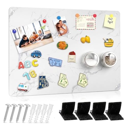 Image of Large Stainless Steel Magnetic Board 17.5 x 11.5 Inches, Wall Mounted Magnet Plate with 3M Adhesive & Screws for Notes, Photos, Home, Kitchen, Office Display (Marble)