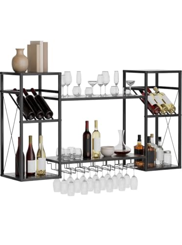 uyoyous Metall Weinregal Wand, 2 Ebenen Wandweinregal mit 6 Glashaltern, 48 Zoll Modern Industriell Barregal, Multi funktionaler Wandmontage Wine Display Ständer für Hausbar, Küche, Esszimmer,usw