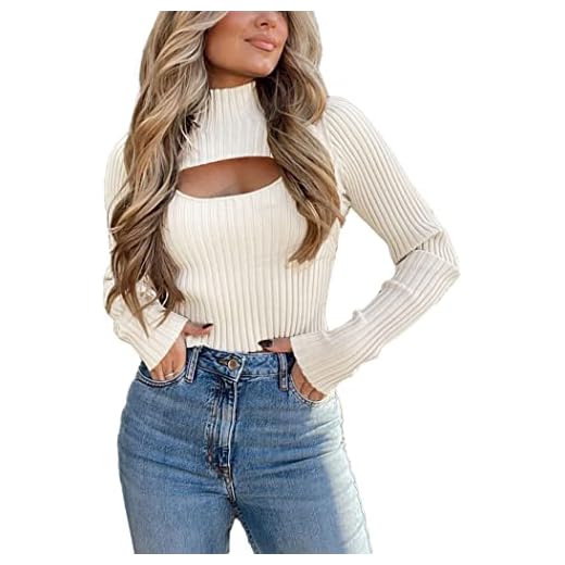 PRETTYGARDEN Women's Cutout Long Sleeve Rib Knit Pullover Sweater, Beige White, X-Large