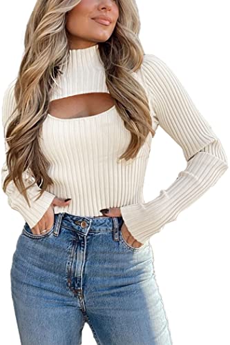 PRETTYGARDEN Women's 2025 Fashion Fall Clothes 2 Piece Cutout Tops Long Sleeve Mock Neck Rib Knit Winter Pullover Sweater