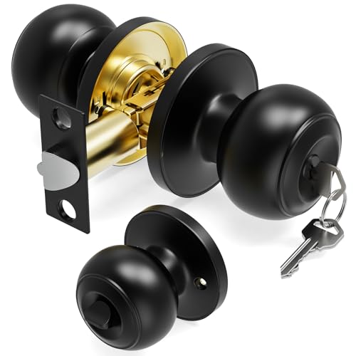 AmzGod Door Knob with Lock and Key, Door Knobs Keyed Entry Door Knobs, Interior and Exterior Door Lock for Front Doors, Bedroom & Bathroom Round Door Knob Matte Black Finish, 1 Pack by AmzGod - Used condition - US$9.39