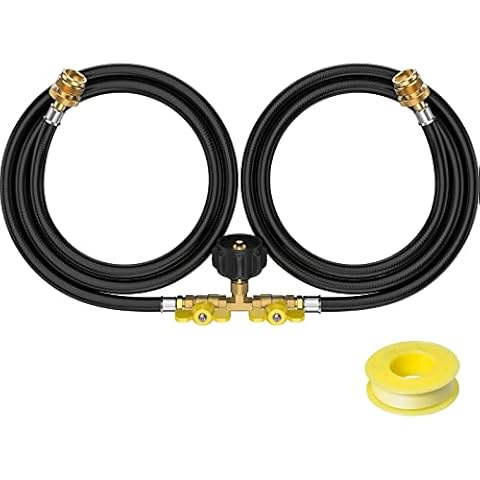 PatioGem 5ft Propane 2 Way Y Splitter Adapter Hose,1 lb to 20 lb Converter with Shut Off Valve, Propane Adapter 1lb Portable Appliance to QCC1/Type1 5-40lb Tank,350PSI for Heater,Camping Stove,Grill Cover