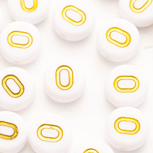 200Pcs Acrylic Letter Beads Alphabet Gold Round Vowel Letter O White Beads for Jewelry Making Bracelets Necklaces Key Chains DIY 4X7mm (O)