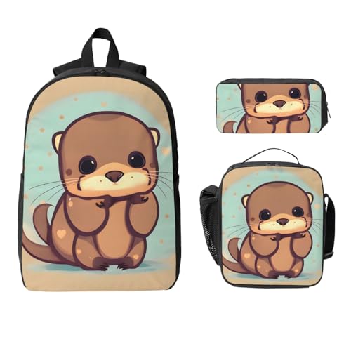 cute otter print Shoulder Bookbags Lunch Bag and Pen Case 17 inches Backpack with Lunch Box, Cute Bookbag Set2