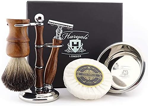 Haryali London Shaving Kit  5 Pc Wooden Shaving Kit  Double Edge Safety Razor - Badger Shaving Brush  Shaving Soap  Shaving Bowl  Shaving Stand - Shaving Set as Gift Wood