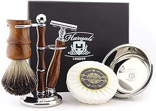 Haryali London Shaving Kit  5 Pc Wooden Shaving Kit  Double Edge Safety Razor - Badger Shaving Brush  Shaving Soap  Shaving Bowl  Shaving Stand - Shaving Set as Gift Wood