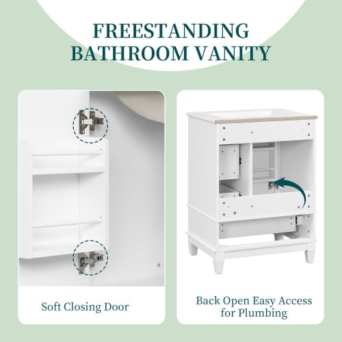Bellemave 24" Bathroom Vanity with Ceramic Sink & 3 Drawers, Bathroom Cabinet with Storage Shelves & Solid Wood Base, Freestanding Vanity Cabinet with Soft Closing Door with Organizer (White/24)
