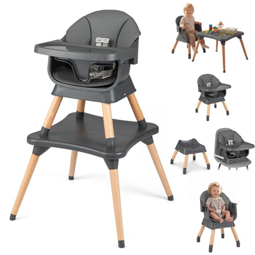 Image of HONEY JOY 9-in-1 Baby High Chair, Convertible Wood Highchair for Babies and Toddlers/Dining Booster Seat/Table & Chair Set, Toddler Stool w/5-Point Safety Harness, Removable Cushion & Tray (Dark Gray)