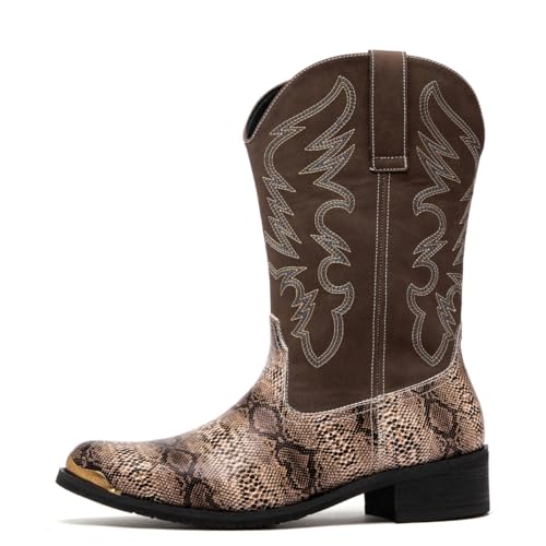 Image of Men's cowboy boots round toe boots embroidered with traditional Western country artificial snakeskin pattern
