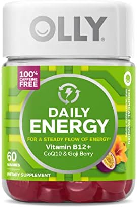 OLLY Daily Energy Gummy, Caffeine Free, Vitamin B12, CoQ10, Goji Berry, Adult Chewable Supplement, Tropical Flavor - 60 Count