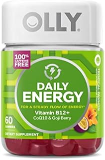 OLLY Daily Energy Gummy, Caffeine Free, Vitamin B12, CoQ10, Goji Berry, Adult Chewable Supplement, Tropical Flavor - 60 Count