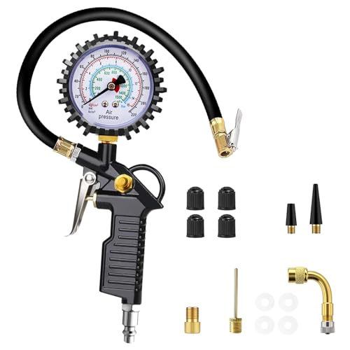 Manómetro Digital para Neumáticos, Pistola de Inflado Multifuncional de 220 PSI con 13 Accesorios, Diversas Boquillas y Herramientas para Coches, Motocicletas, Bicicletas