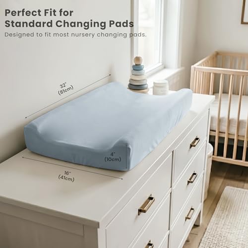 Image of Konssy 3 Pack Stretchy Changing Pad Covers, 32 inchx16 inch Changing Table Sheets | Silky Soft & Breathable Fabric, 360 Full Elastic Fit, Floral Printed & Solid Designs, for Baby Girls & Boys (Blue Moon)