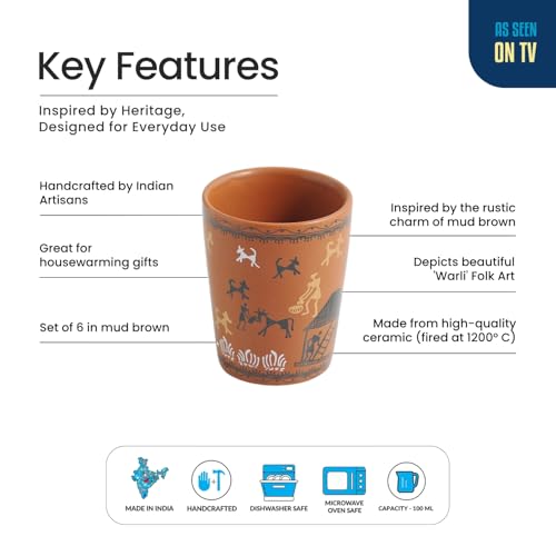 Image of ExclusiveLane 'Warli Village Tales' Handcrafted Ceramic Cutting Chai Glasses Set of 6 Tea Glasses Tea Cups Coffee Mug (100 ML, Microwave Safe)