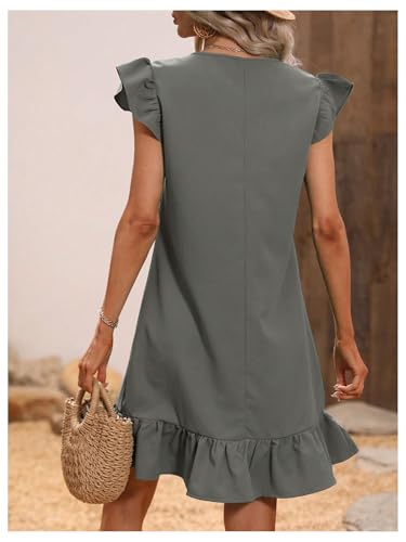 Image of SOLY HUX Summer Dresses for Women V Neck Cap Sleeve Ruffle Hem Smock Short Dress Plain Grey X-Small