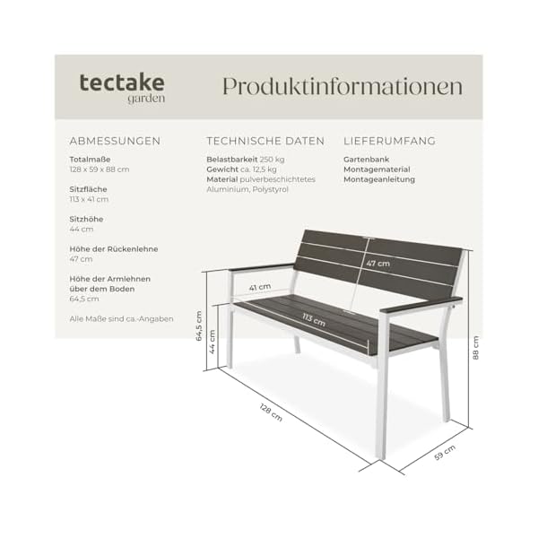 tectake Gartenbank 2-Sitzer Holzoptik Hellgrau/Weiß