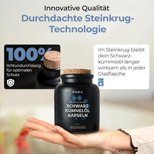 Nigela Schwarzkümmelöl Kapseln DAILY - Ägyptisches Schwarzkümmeloel ungefiltert - BIO Schwarzkümmel-Öl kaltgepresst - Premium Kümmelöl Kapsel für den täglichen Bedarf - Nigella Sativa Öl - 180 Stück