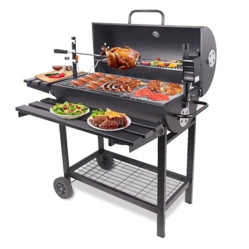 Parrilla de carbón con asador, mesa auxiliar y ruedas, juego de barbacoa de lujo para exteriores, multifuncional y desmontable para uso en jardín