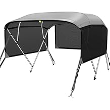 KAKIT 3 4 Bow Bimini Tops for Boats with 3 Mesh Sidewalls Rear Support Poles Boat Canopy Includes Straps Storage Boot, Dark Gray