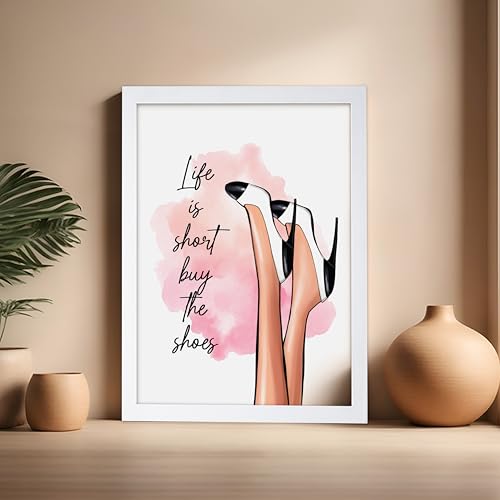 Image of Poster Master Life is Short Buy The Shoes Poster - Fashion Print - Trendy Art - Modern Art - Gift for Her & Fashionista - Luxury Haute Couture Decor for Bedroom or Girls Room, 16x20 White Framed