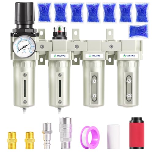 TAILONZ PNEUMATIC 0-240PSI 3/4 Inch NPT Industrial Grade 4 Stage Air Drying System, Particulate Filter, Coalescing Filter, Double Desiccant Dryer 5 Micron Filter +0.01 Micron Filter (Manual Drainage)