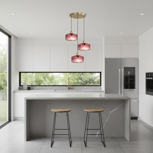 Image of 3-Light Purple Ribbed Glass Cluster Pendant Light, Mid Century Modern Gold Multi-Pendant Ceiling Lamp, Adjustable 59 inch Cord E26 Chandelier for Kitchen Island Dining Room
