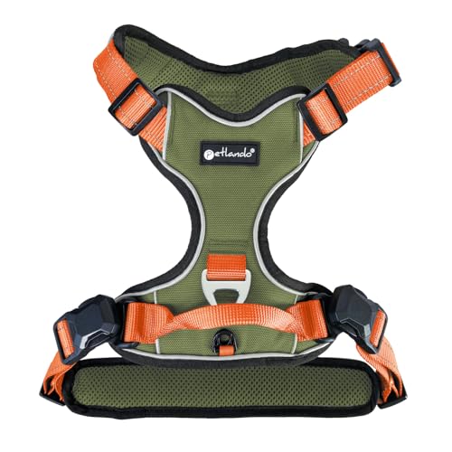 Petlando Hundegeschirr Magnetech– Innovative Magnetschnalle, mit Griff, Zwei D-Ringe, reflektierend, atmungsaktiv – Olive/orange, L (Halsumfang 48-62cm, Brustumfang 68-82cm), große Hunde