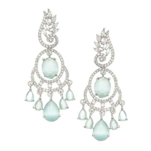 Image of ZENEME Rhodium-Plated American Diamond Studded Oval & Leaf Shaped Drop Earrings For Girls and Women