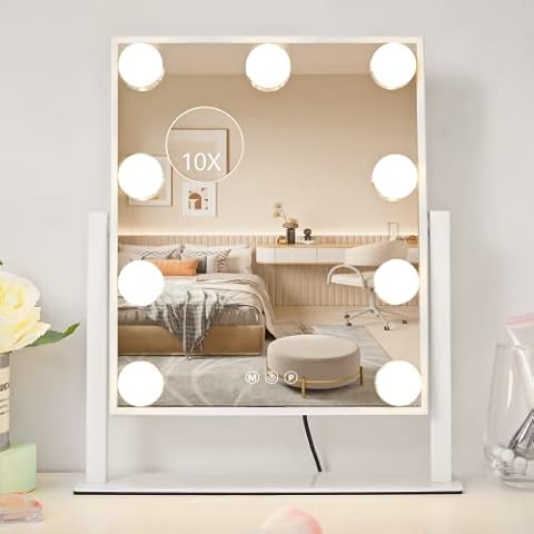 NUSVAN Vanity Mirror with Lights, Makeup Mirror with Lights,3 Color Lighting Modes Detachable 10X Magnification Mirror Touch Control,360°Rotation, White. Cover