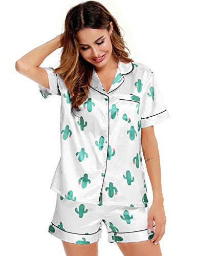 Image of SWOMOG Womens Silk Satin Pajamas Set Short Sleeve Sleepwear Button Down Top and Shorts Loungewear 2 Piece Pjs Set XS-3XL(Cactus White, XX-Large)