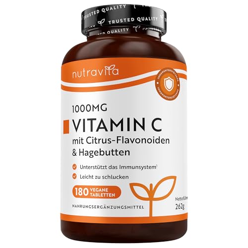 Nutravita Vitamin C 1000mg hochdosiert – 6 Monatsvorrat – Mit Bioflavonoide aus der Bitterorange und Hagebutte –180 Tabletten – 6 Monatsvorrat – Ohne unerwünschte Zusätze