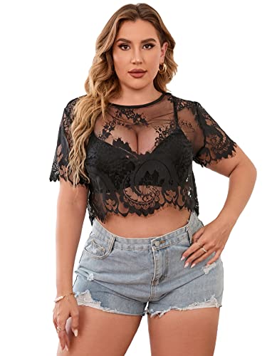 WDIRARA Women's Plus Size Floral Lace Tee Shirts See Through Short Sleeve Crop Tops