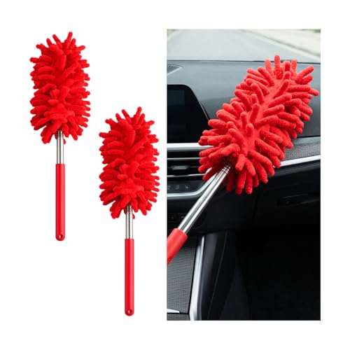 ANFTDCO 2PCS Car Interior Duster with Extension Pole, 9.45" to 28.35" Microfiber Soft Vehicle Dash Dusting Detailing Wash Brushes, Automotive Dash Cleaning Tool, Universal for SUV RV Truck (Red)