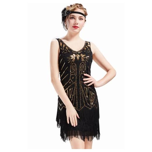 BABEYOND Damen Retro 1920er Stil Flapper Kleider mit Zwei Schichten Troddel V Ausschnitt Great Gatsby Motto Party Kostüm Kleider- Gr. XL (Fits 86-96 cm Waist & 104-114 cm Hips), Schwarz