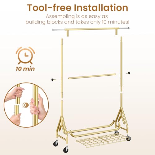 Image of Double Rods Clothing Rack, Heavy Duty Clothes Rack for Hanging Clothes Load 560LBS, Metal Rolling Garment Racks with Wheels, Freestanding Clothes Hanging Racks, Gold
