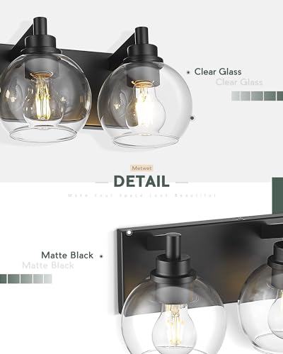Image of Bathroom Light Fixtures, 2 Light Matte Black Vanity Light, Modern Wall Sconces with Clear Glass Globe Shade, Bathroom Wall Lights Over Mirror Kitchen Bedroom Hallway, VL195-MB-2
