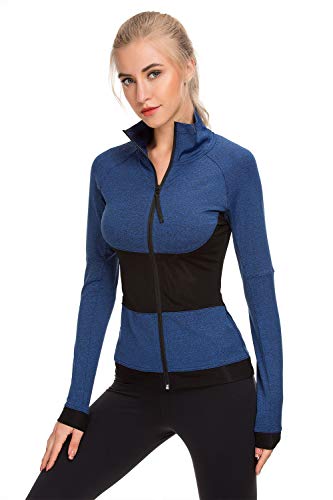 WOSALBA Womens Running Gym Active Yoga Workout Wear Jacket Full Zip Up Stand Collar with Back Pocket - Thumbnail 2