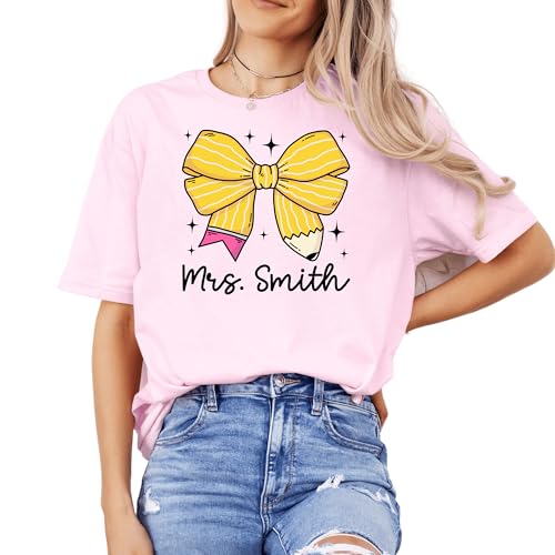 Personalized Back to School Teacher T- Shirt, Retro Teacher Coquette Pencil Bow Tee, Comfort Colors First Day of School Teacher Gift Apparel