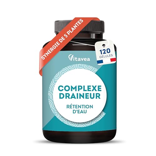Draineur 5 actifs - Retention d'eau Drainant Puissant, Elimination - Thé Vert, Pissenlit, Artichaut, Frêne, Cassis, 120 gélules - Vegan - Fabriqué en France - Vitavea
