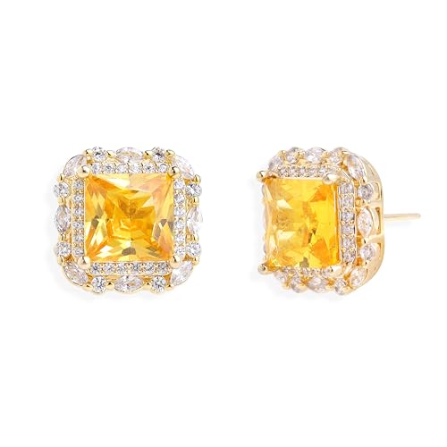 Sonateomber Gold Square Cubic Zirconia Moissanite Stud Earrings for Women, Sparkly Yellow Citrine Rhinestone November Birthstone Earings Birthday Prom Wedding Accessories Fashion Jewelry Gift