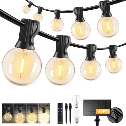 60FT Solar String Lights Outdoor Waterproof, Patio Lights Solar Powered with Remote & USB Port, 20+1 LED Shatterproof Bulbs, 3 Light Modes, Dimmable Solar Hanging Lighting for Camping Yard Garden