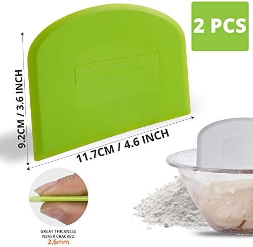 Prodine Dough Scraper Pack of 2 Dual Sided | Flexible and Food Grade Plastic Bowl Scraper for Bread, Pizza, Pastry with Measurements | Cream Smoother for Bakers | Green & White