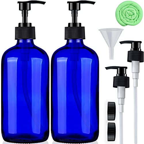 Soap Dispenser with Black Pump - Veyiina Nero Glass Empty Bottles Reusable Container 16oz Blue 2 Pack for Bathroom Shampoo, Wash Hand Lotion, Body Shower Conditioner, Kitchen Dish, Massage Oil