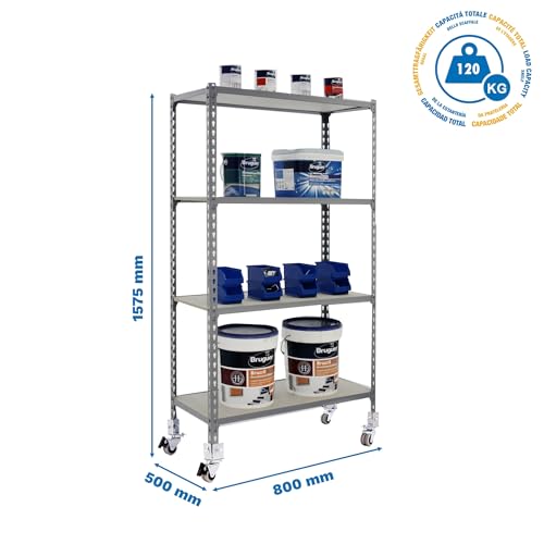 Simon Rack Schwerlastregal mit Rollen, 1575x800x500 mm, Bis 75 kg Belastbar, 4 Verstellbare Ablagen, MDF-Platten, Kellerregal, Lagerregal, Grau/Holz - Maderclick
