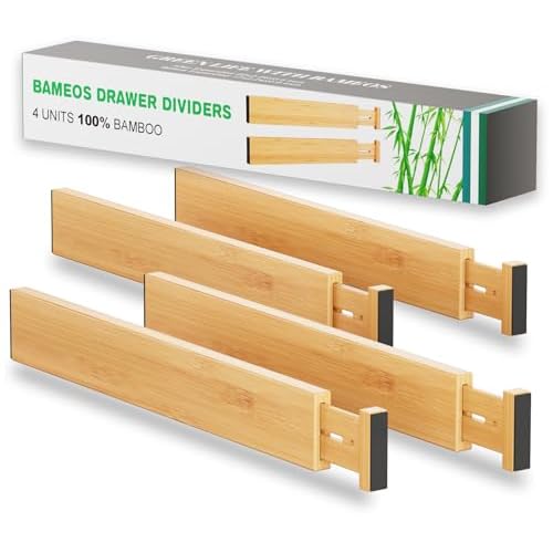 BAMEOS Drawer Dividers kitchen Organization Bamboo Utensil Organizers for Kitchen Bedroom Bathroom Dresser Office 4-pack