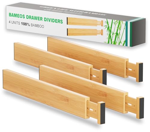 BAMEOS Bamboo Expandable Drawer Dividers – Fits 16.6"–22" Drawers, 2" High, Set of 4 | Spring-Loaded Bamboo Separator for Kitchen Island, Bathroom Vanity & Dresser Drawers by BAMEOS - Used condition - US$21.34