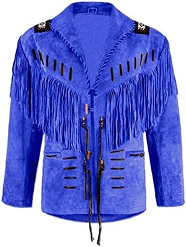 Image of Mens Traditional Western Cowboy Suede Leather Jacket | Classic Native American jacket Coat with Beaded Fringed