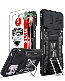 LeYi for Motorola E14 / G04 / G24 / G04s Phone Case, 2 Pack Screen Protectors, Camera Lens Slider, Ring Stand Holder, Heavy Duty Protective Shockproof Mobile Cover for Moto E 14 / GO4 / G24, Black