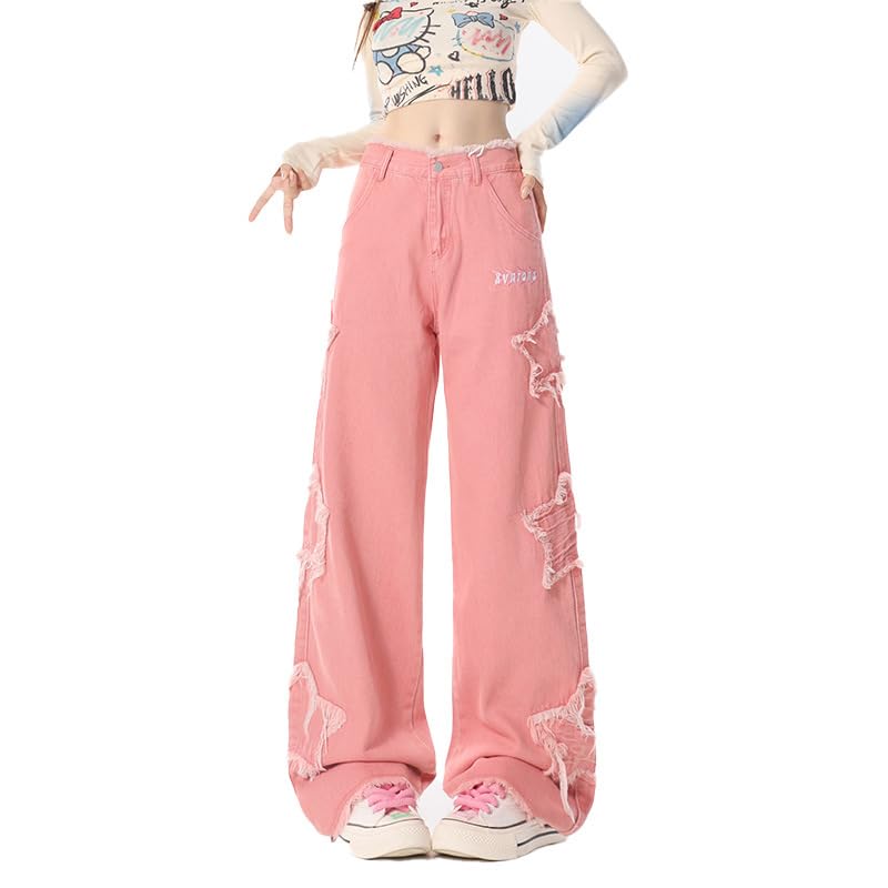 Women's Y2K Baggy Cargo Pants Vintage Jeans for Teen Girls Patterned Denim Joggers Loose Goth Trousers Streetwear
