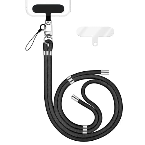 NALIA Laccio Telefono Universale per Smartphone - Nylon Comfort Premium & 2 Patch - HOLDME (Cordino Intrecciato con Moschettone Argento) - Marchio Tedesco, Colore:Nero